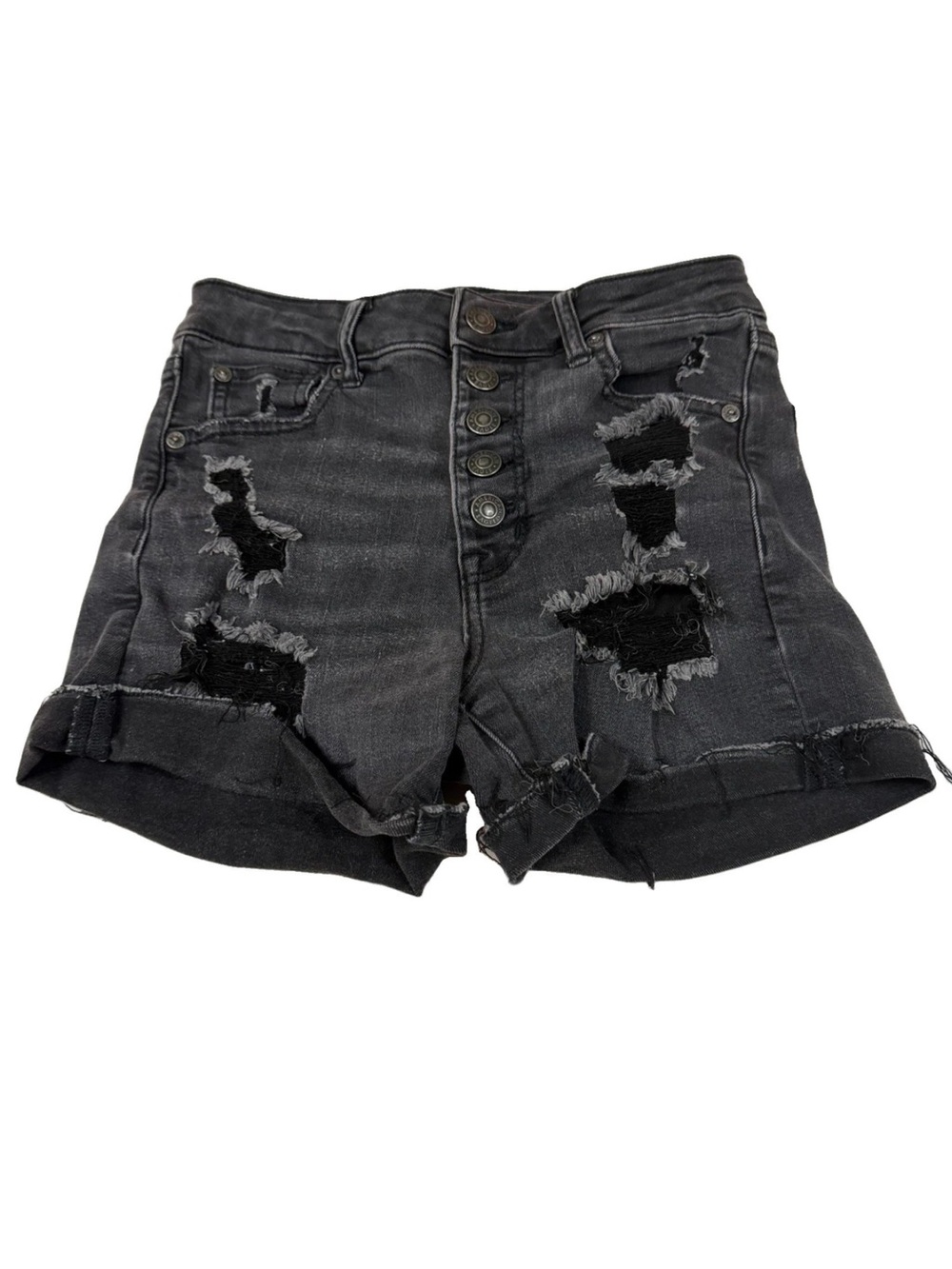 American Eagle Women’s Size 0 Super Hi Rise Shortie Shorts Jean Black Distressed